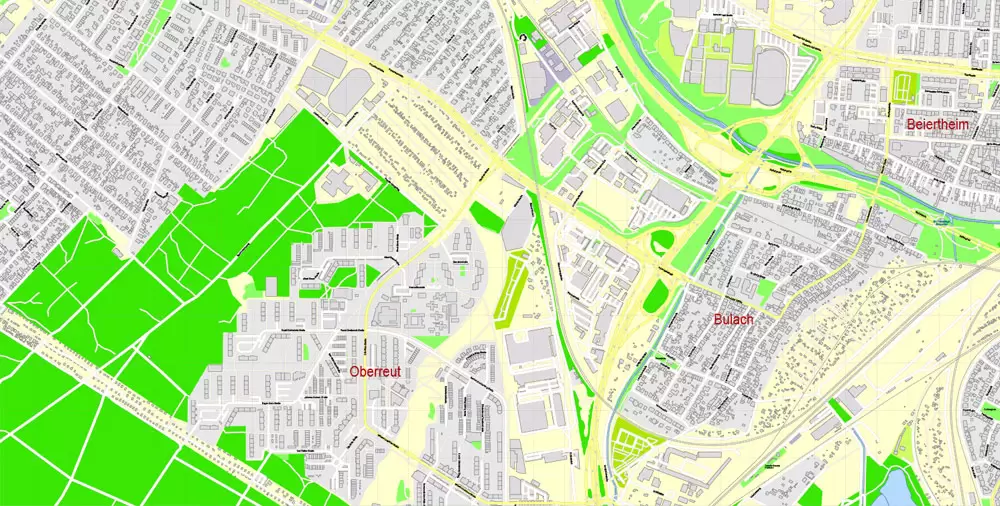 Druckbare Vektorkarte Karlsruhe Deutschland, exakter detaillierter Stadtplan alle Gebäude, 100 Meter Maßstab Karte 1: 3082, editierbarer Layered Adobe Illustrator
