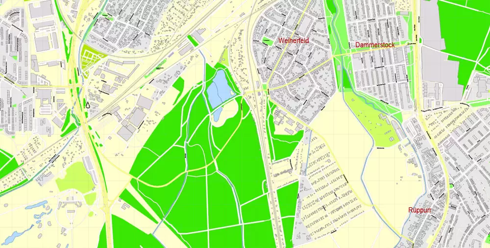 Druckbare Vektorkarte Karlsruhe Deutschland, exakter detaillierter Stadtplan alle Gebäude, 100 Meter Maßstab Karte 1: 3082, editierbarer Layered Adobe Illustrator