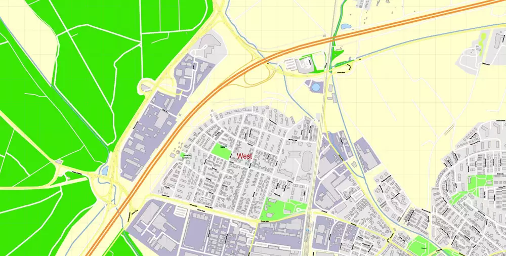 Druckbare Vektorkarte Karlsruhe Deutschland, exakter detaillierter Stadtplan alle Gebäude, 100 Meter Maßstab Karte 1: 3082, editierbarer Layered Adobe Illustrator