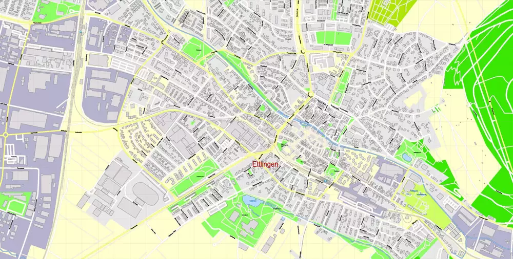 Druckbare Vektorkarte Karlsruhe Deutschland, exakter detaillierter Stadtplan alle Gebäude, 100 Meter Maßstab Karte 1: 3082, editierbarer Layered Adobe Illustrator