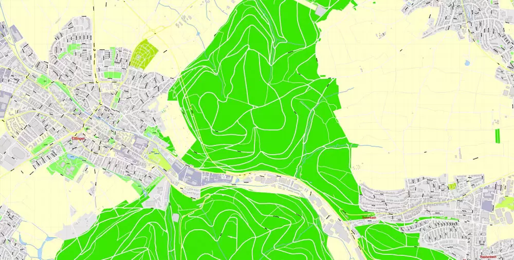 Druckbare Vektorkarte Karlsruhe Deutschland, exakter detaillierter Stadtplan alle Gebäude, 100 Meter Maßstab Karte 1: 3082, editierbarer Layered Adobe Illustrator