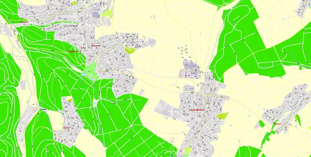 Druckbare Vektorkarte Karlsruhe Deutschland, exakter detaillierter Stadtplan alle Gebäude, 100 Meter Maßstab Karte 1: 3082, editierbarer Layered Adobe Illustrator
