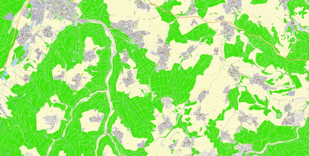 Druckbare Vektorkarte Karlsruhe Deutschland, exakter detaillierter Stadtplan alle Gebäude, 100 Meter Maßstab Karte 1: 3082, editierbarer Layered Adobe Illustrator