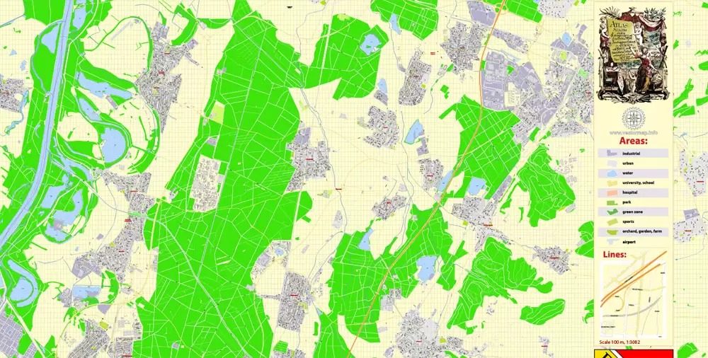 Druckbare Vektorkarte Karlsruhe Deutschland, exakter detaillierter Stadtplan alle Gebäude, 100 Meter Maßstab Karte 1: 3082, editierbarer Layered Adobe Illustrator