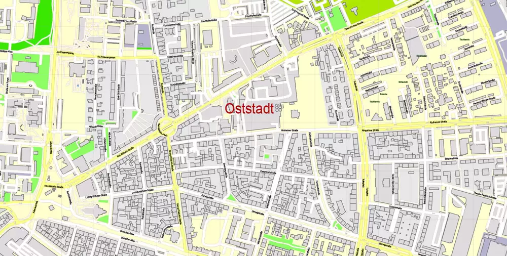 Druckbare Vektorkarte Karlsruhe Deutschland, exakter detaillierter Stadtplan alle Gebäude, 100 Meter Maßstab Karte 1: 3082, editierbarer Layered Adobe Illustrator