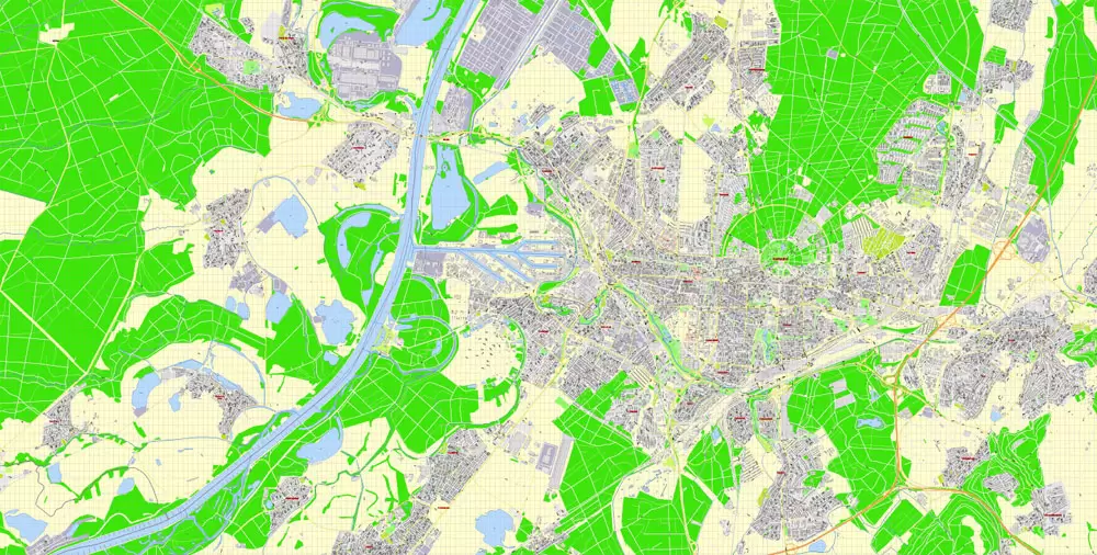 Druckbare Vektorkarte Karlsruhe Deutschland, exakter detaillierter Stadtplan alle Gebäude, 100 Meter Maßstab Karte 1: 3082, editierbarer Layered Adobe Illustrator