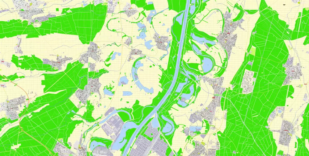 Druckbare Vektorkarte Karlsruhe Deutschland, exakter detaillierter Stadtplan alle Gebäude, 100 Meter Maßstab Karte 1: 3082, editierbarer Layered Adobe Illustrator
