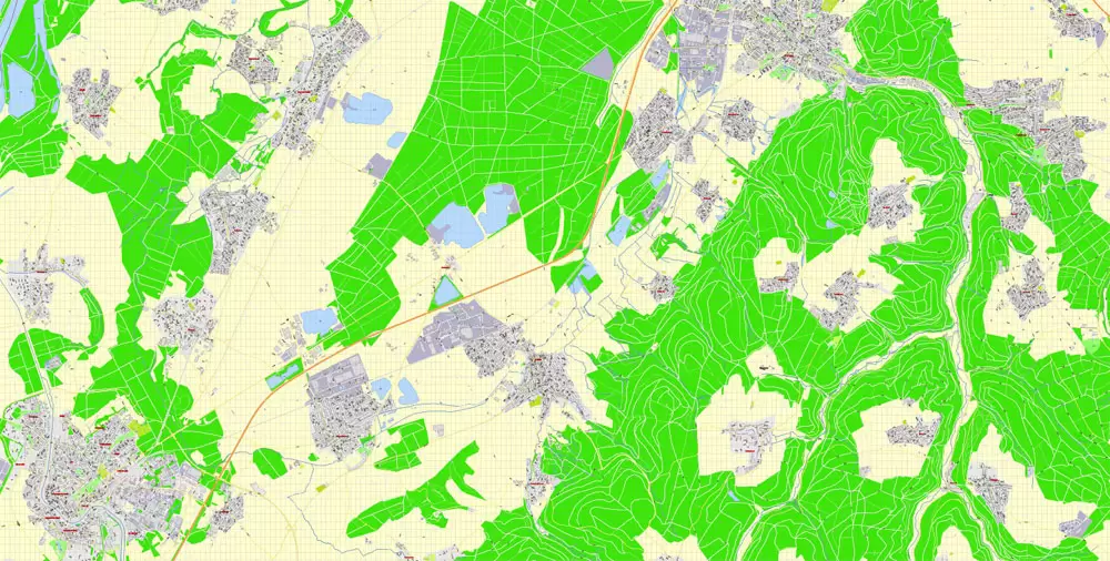 Druckbare Vektorkarte Karlsruhe Deutschland, exakter detaillierter Stadtplan alle Gebäude, 100 Meter Maßstab Karte 1: 3082, editierbarer Layered Adobe Illustrator