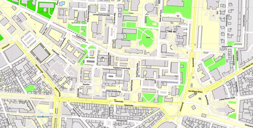 Druckbare Vektorkarte Karlsruhe Deutschland, exakter detaillierter Stadtplan alle Gebäude, 100 Meter Maßstab Karte 1: 3082, editierbarer Layered Adobe Illustrator