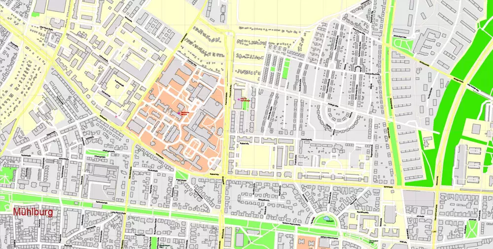 Druckbare Vektorkarte Karlsruhe Deutschland, exakter detaillierter Stadtplan alle Gebäude, 100 Meter Maßstab Karte 1: 3082, editierbarer Layered Adobe Illustrator