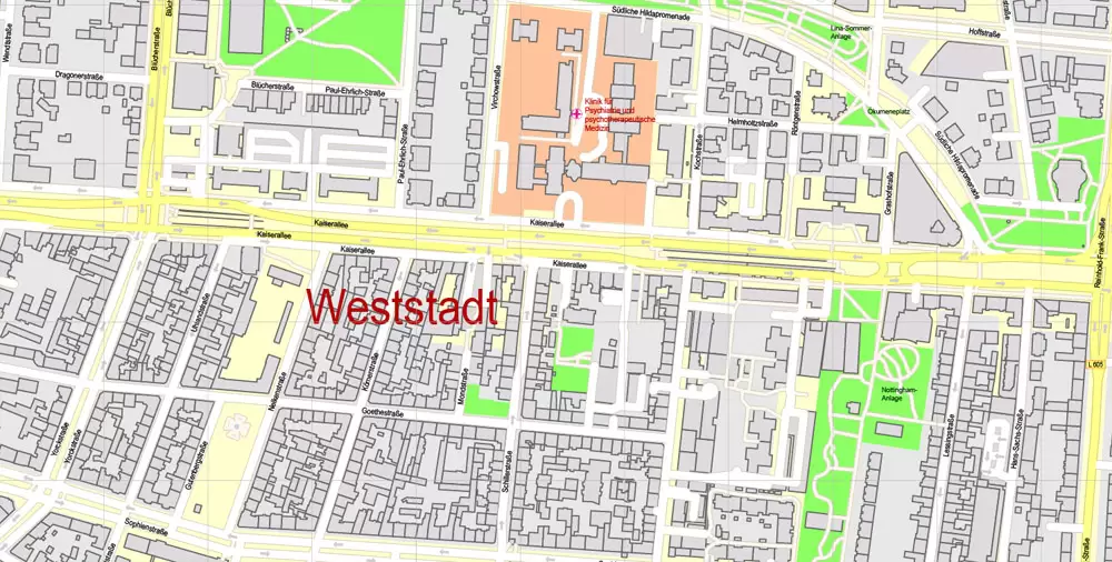 Druckbare Vektorkarte Karlsruhe Deutschland, exakter detaillierter Stadtplan alle Gebäude, 100 Meter Maßstab Karte 1: 3082, editierbarer Layered Adobe Illustrator