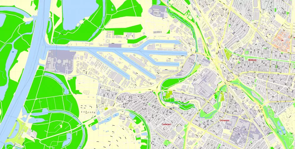 Druckbare Vektorkarte Karlsruhe Deutschland, exakter detaillierter Stadtplan alle Gebäude, 100 Meter Maßstab Karte 1: 3082, editierbarer Layered Adobe Illustrator