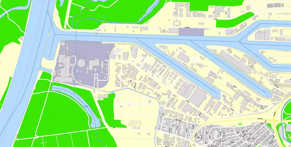 Druckbare Vektorkarte Karlsruhe Deutschland, exakter detaillierter Stadtplan alle Gebäude, 100 Meter Maßstab Karte 1: 3082, editierbarer Layered Adobe Illustrator