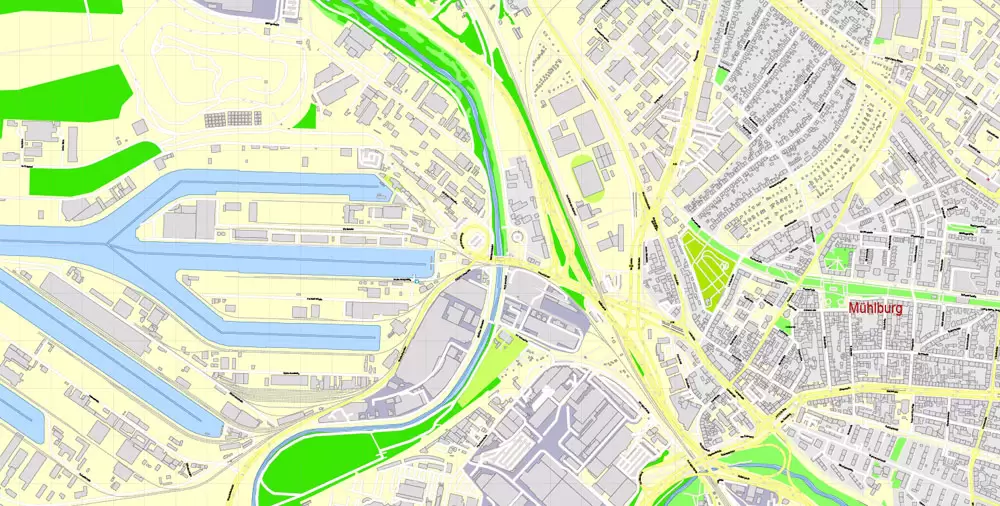 Druckbare Vektorkarte Karlsruhe Deutschland, exakter detaillierter Stadtplan alle Gebäude, 100 Meter Maßstab Karte 1: 3082, editierbarer Layered Adobe Illustrator