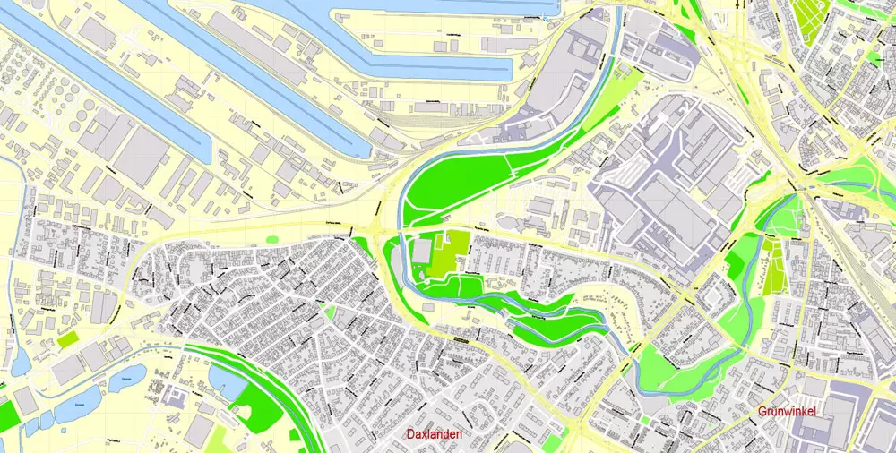 Druckbare Vektorkarte Karlsruhe Deutschland, exakter detaillierter Stadtplan alle Gebäude, 100 Meter Maßstab Karte 1: 3082, editierbarer Layered Adobe Illustrator
