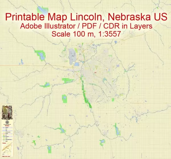 Printable Map Lincoln Nebraska US, exact vector City Plan scale 1:3557, full editable, Adobe Illustrator