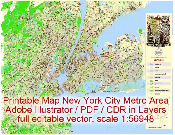 Printable Map New York City Metro Area exact vector City Plan scale 1:56948, full editable, Adobe Illustrator, scalable,  text format  street names, 23 mb ZIP