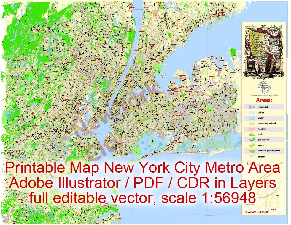 Printable Map New York City Metro Area exact vector City Plan scale 1:56948, full editable, Adobe Illustrator, scalable, text format street names, 23 mb ZIP