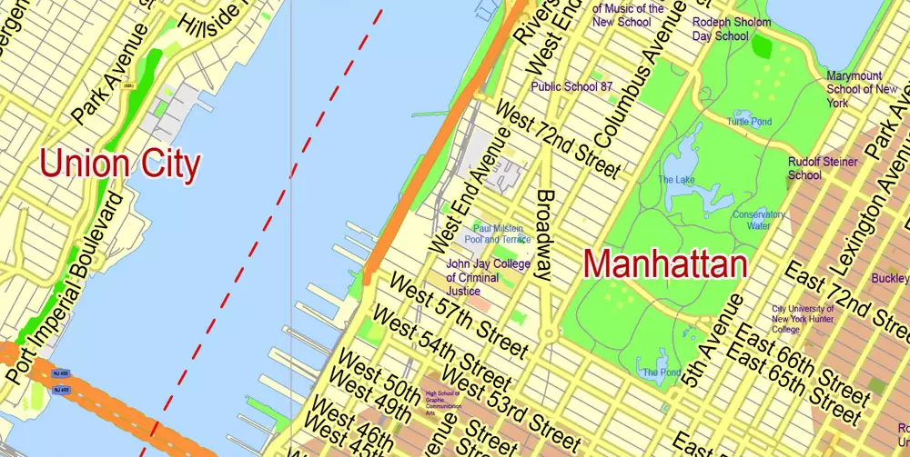 Printable Map New York City Metro Area exact vector City Plan scale 1:56948, full editable, Adobe Illustrator, scalable, text format street names, 23 mb ZIP