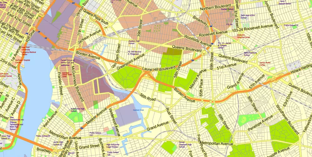 Printable Map New York City Metro Area exact vector City Plan scale 1:56948, full editable, Adobe Illustrator, scalable, text format street names, 23 mb ZIP
