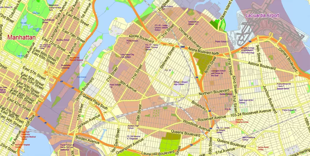 Printable Map New York City Metro Area exact vector City Plan scale 1:56948, full editable, Adobe Illustrator, scalable, text format street names, 23 mb ZIP