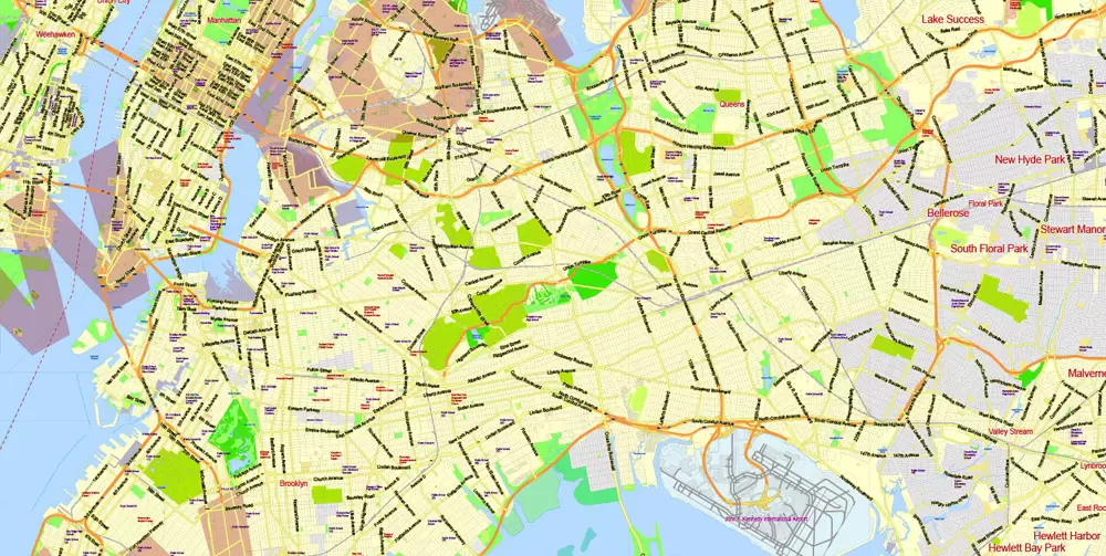 Printable Map New York City Metro Area exact vector City Plan scale 1:56948, full editable, Adobe Illustrator, scalable, text format street names, 23 mb ZIP