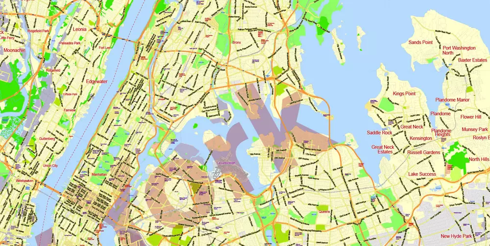 Printable Map New York City Metro Area exact vector City Plan scale 1:56948, full editable, Adobe Illustrator, scalable, text format street names, 23 mb ZIP