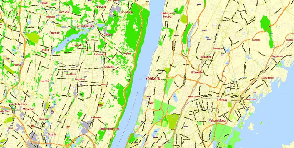 Printable Map New York City Metro Area exact vector City Plan scale 1:56948, full editable, Adobe Illustrator, scalable, text format street names, 23 mb ZIP