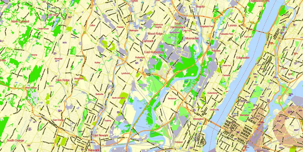 Printable Map New York City Metro Area exact vector City Plan scale 1:56948, full editable, Adobe Illustrator, scalable, text format street names, 23 mb ZIP