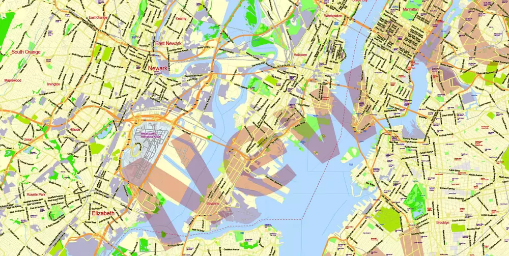 Printable Map New York City Metro Area exact vector City Plan scale 1:56948, full editable, Adobe Illustrator, scalable, text format street names, 23 mb ZIP