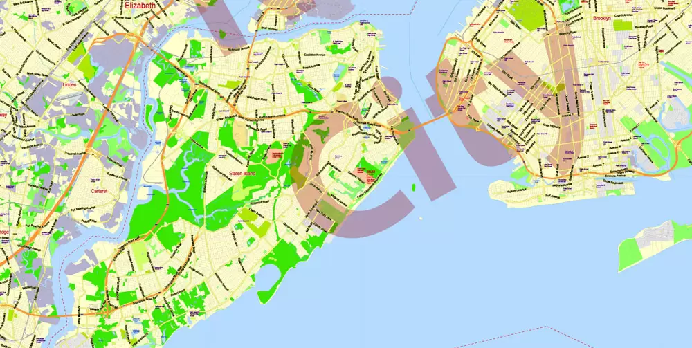 Printable Map New York City Metro Area exact vector City Plan scale 1:56948, full editable, Adobe Illustrator, scalable, text format street names, 23 mb ZIP