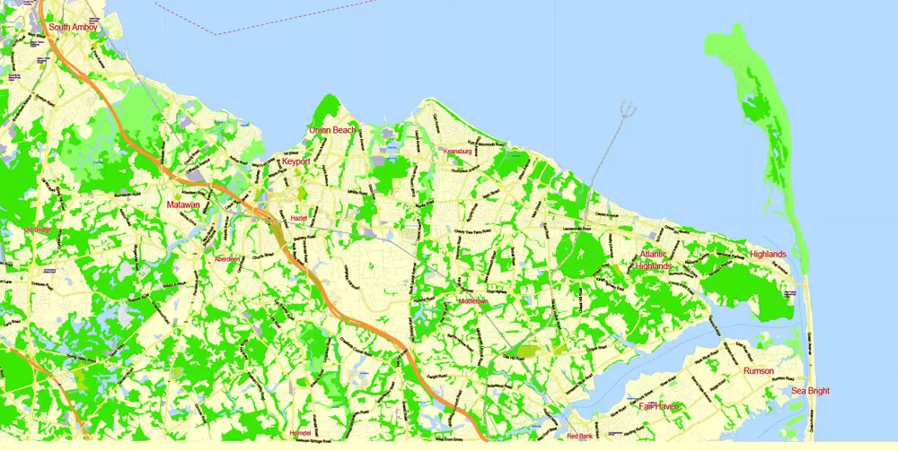 Printable Map New York City Metro Area exact vector City Plan scale 1:56948, full editable, Adobe Illustrator, scalable, text format street names, 23 mb ZIP