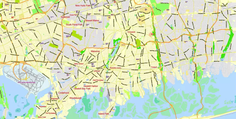 Printable Map New York City Metro Area exact vector City Plan scale 1:56948, full editable, Adobe Illustrator, scalable, text format street names, 23 mb ZIP