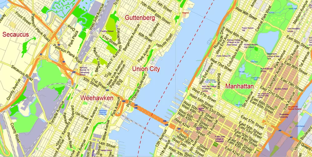 Printable Map New York City Metro Area exact vector City Plan scale 1:56948, full editable, Adobe Illustrator, scalable, text format street names, 23 mb ZIP