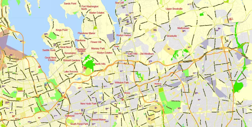 Printable Map New York City Metro Area exact vector City Plan scale 1:56948, full editable, Adobe Illustrator, scalable, text format street names, 23 mb ZIP