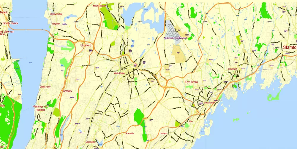 Printable Map New York City Metro Area exact vector City Plan scale 1:56948, full editable, Adobe Illustrator, scalable, text format street names, 23 mb ZIP