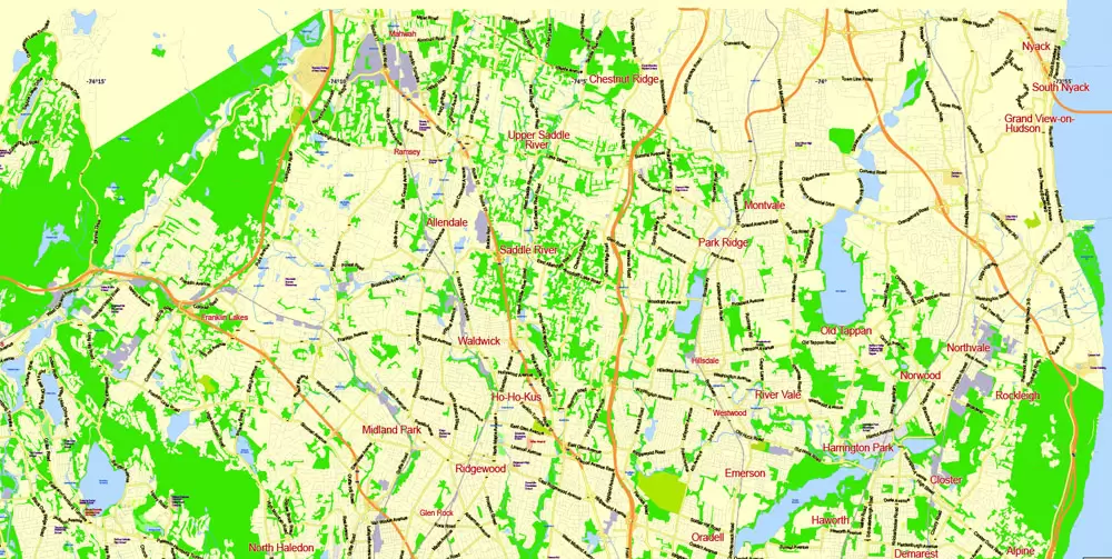 Printable Map New York City Metro Area exact vector City Plan scale 1:56948, full editable, Adobe Illustrator, scalable, text format street names, 23 mb ZIP