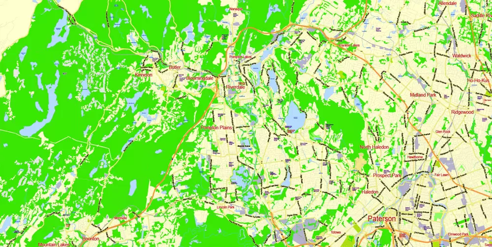 Printable Map New York City Metro Area exact vector City Plan scale 1:56948, full editable, Adobe Illustrator, scalable, text format street names, 23 mb ZIP