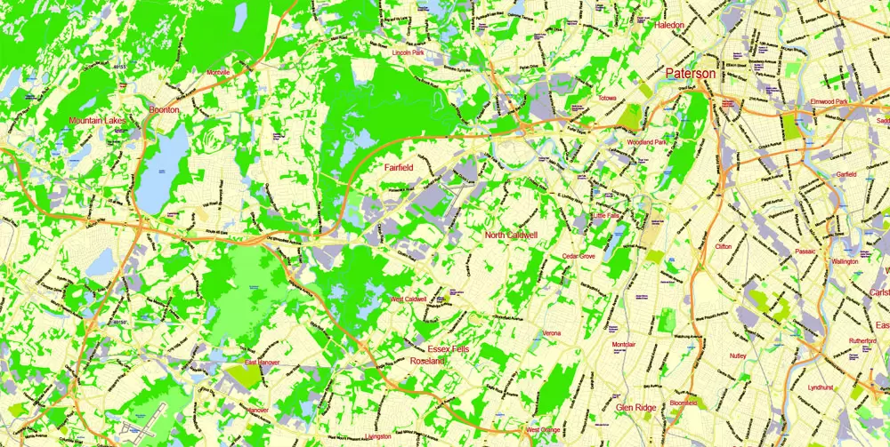 Printable Map New York City Metro Area exact vector City Plan scale 1:56948, full editable, Adobe Illustrator, scalable, text format street names, 23 mb ZIP