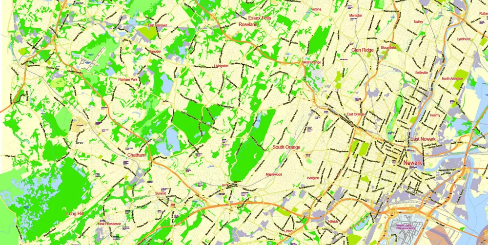 Printable Map New York City Metro Area exact vector City Plan scale 1:56948, full editable, Adobe Illustrator, scalable, text format street names, 23 mb ZIP