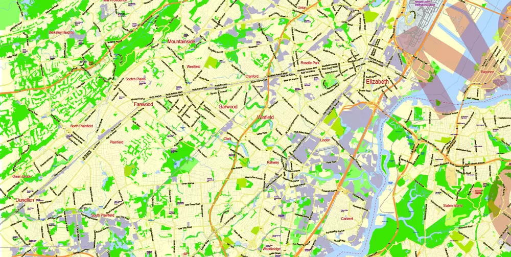 Printable Map New York City Metro Area exact vector City Plan scale 1:56948, full editable, Adobe Illustrator, scalable, text format street names, 23 mb ZIP