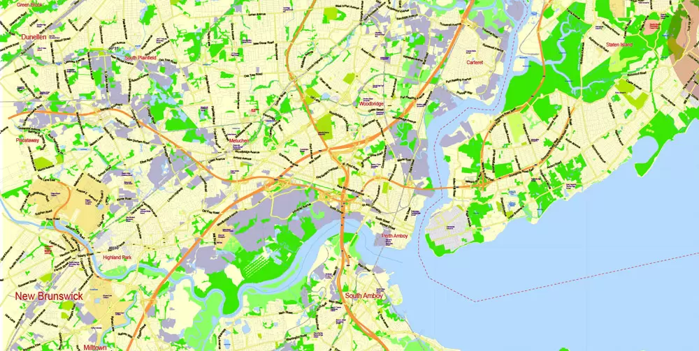 Printable Map New York City Metro Area exact vector City Plan scale 1:56948, full editable, Adobe Illustrator, scalable, text format street names, 23 mb ZIP