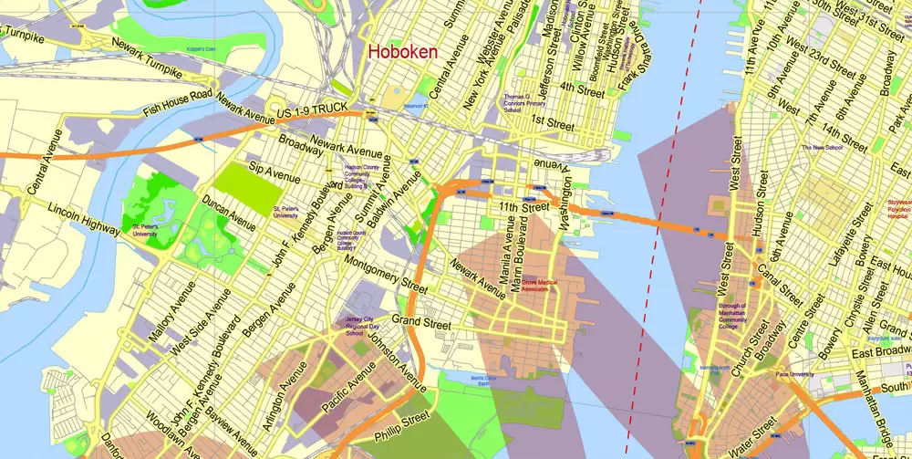 Printable Map New York City Metro Area exact vector City Plan scale 1:56948, full editable, Adobe Illustrator, scalable, text format street names, 23 mb ZIP