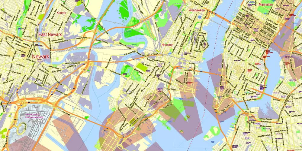 Printable Map New York City Metro Area exact vector City Plan scale 1:56948, full editable, Adobe Illustrator, scalable, text format street names, 23 mb ZIP
