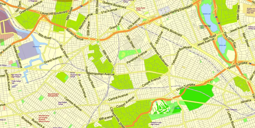 Printable Map New York City Metro Area exact vector City Plan scale 1:56948, full editable, Adobe Illustrator, scalable, text format street names, 23 mb ZIP