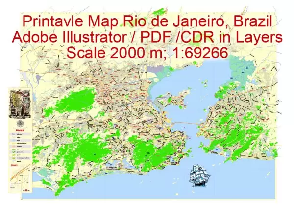 Printable Map Rio de Janeiro Brazil exact vector City Plan scale 1:69266, full editable, Adobe Illustrator, scalable,  text format  street names, 23 mb ZIP
