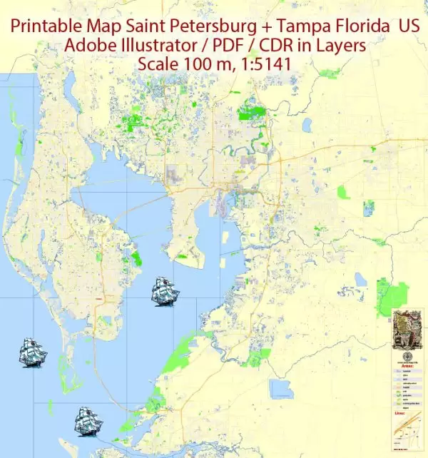 Printable Map Saint Petersburg & Tampa Metro Area, Florida US, exact vector City Plan scale 1:5141 editable, Adobe Illustrator, text all names, 29 mb ZIP