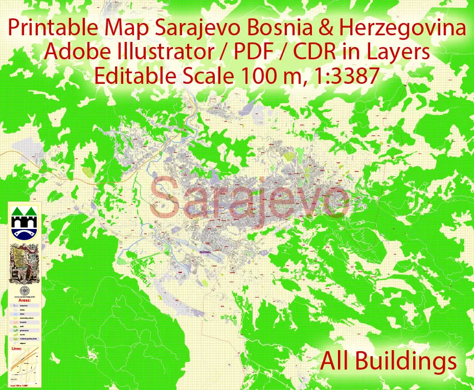 Printable Vector Map Sarajevo all buildings Bosnia and Herzegovina, exact detailed City Plan, 100 meters scale map 1:3387, editable Layered Adobe Illustrator, 14 Mb ZIP