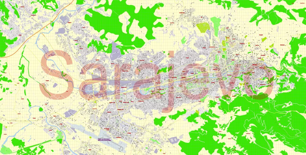 Printable Vector Map Sarajevo all buildings Bosnia and Herzegovina, exact detailed City Plan, 100 meters scale map 1:3387, editable Layered Adobe Illustrator, 14 Mb ZIP