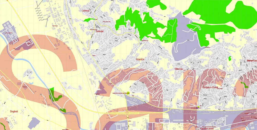 Printable Vector Map Sarajevo all buildings Bosnia and Herzegovina, exact detailed City Plan, 100 meters scale map 1:3387, editable Layered Adobe Illustrator, 14 Mb ZIP